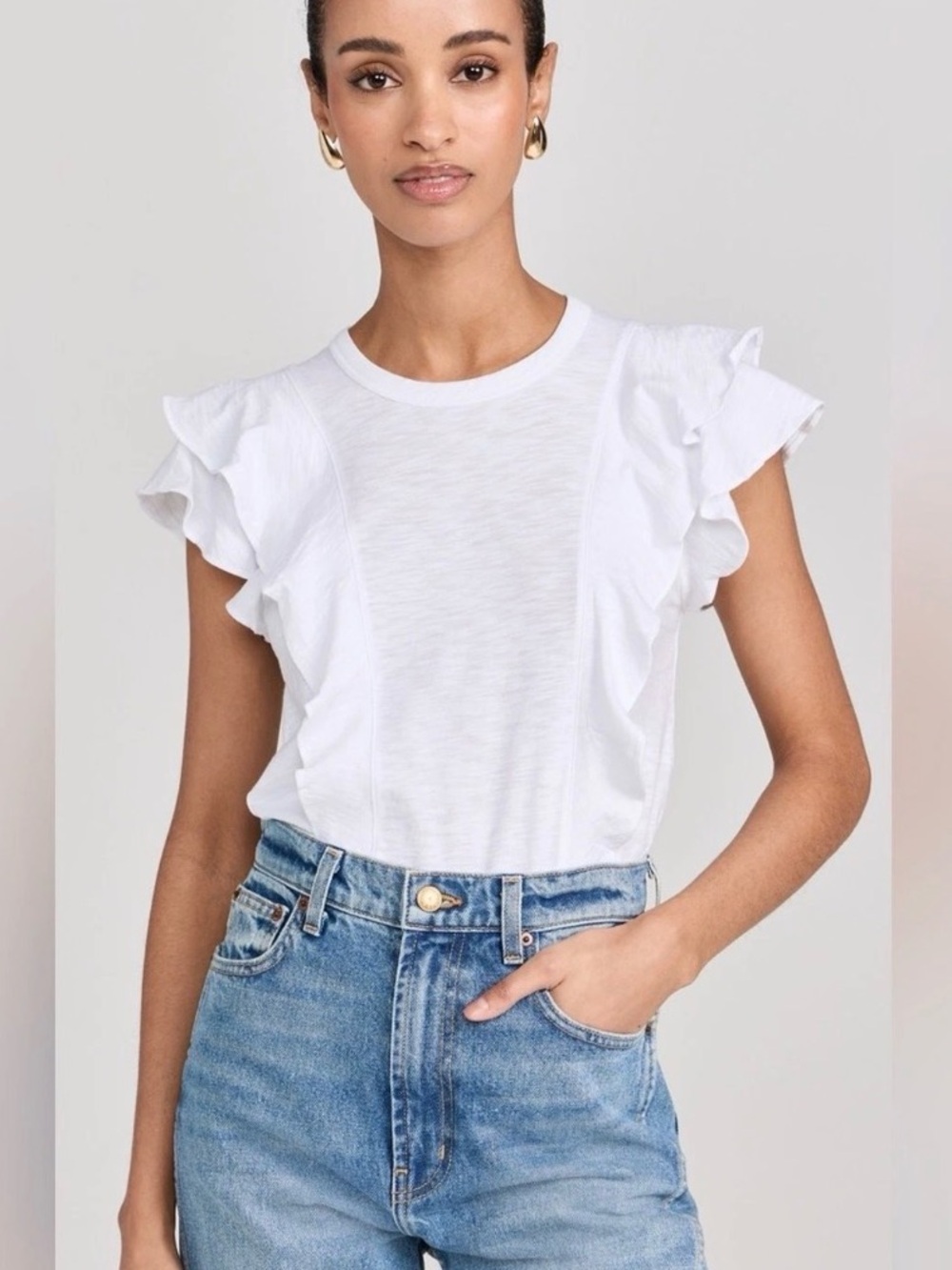 Veronica Beard Jeans Bea Short Sleeve Ruffle Tee White Size Small